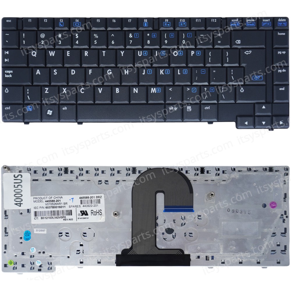 Keyboard Laptop HP Compaq 6510 6515 6510B 6515B NSK-H4A01 9J.N8282.A01 445588-001 6037B0015901 443922-00 V070526AK1 US VERSION BLACK KEYBOARD (Code 40005US)