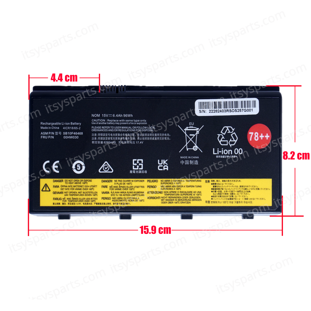 Laptop Battery - Battery for Lenovo ThinkPad P71 20HK P70 20ER 20ES 00HW030 SB10F46468 5B10W13950 01AV451 78++ 4X50K14092 15V 96Wh 6400mAh ( Ref.1-BAT0694 )