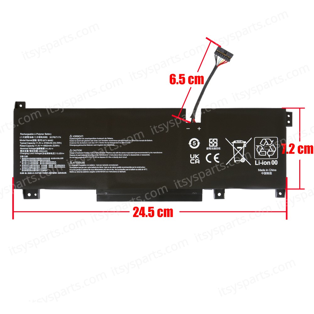Laptop Battery - Battery for MSI Sword 15 A11U A11UD A11UD A11UE Katana GF66 12Ux Pulse GL66 GL76 12Ux GL66 11UEK-016AU BTY-M492 11.4V 52Wh 4562mAh with cable 8pins ( Ref.1-BAT0726 )