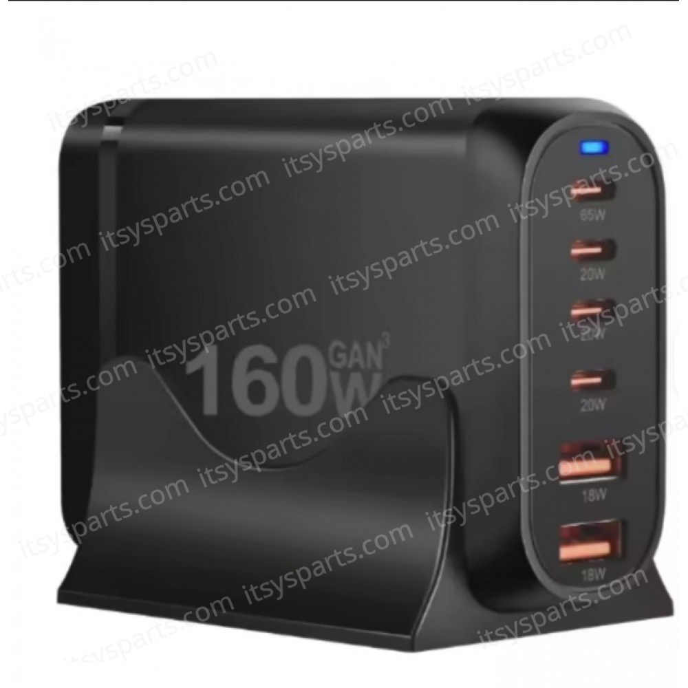 GaN Charger - Adapter GaN-019 6 Port Fast Charger with 2 USB-A ports and 4 USB-C port 160W Power Delivery for Laptops Phones Tablet and More Black ( SKU.60324 )