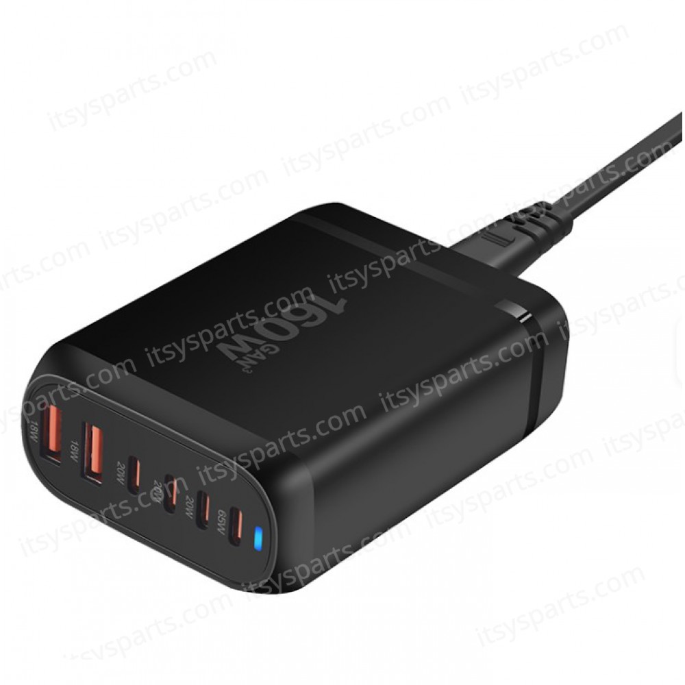 GaN Charger - Adapter GaN-019 6 Port Fast Charger with 2 USB-A ports and 4 USB-C port 160W Power Delivery for Laptops Phones Tablet and More Black ( SKU.60324 )