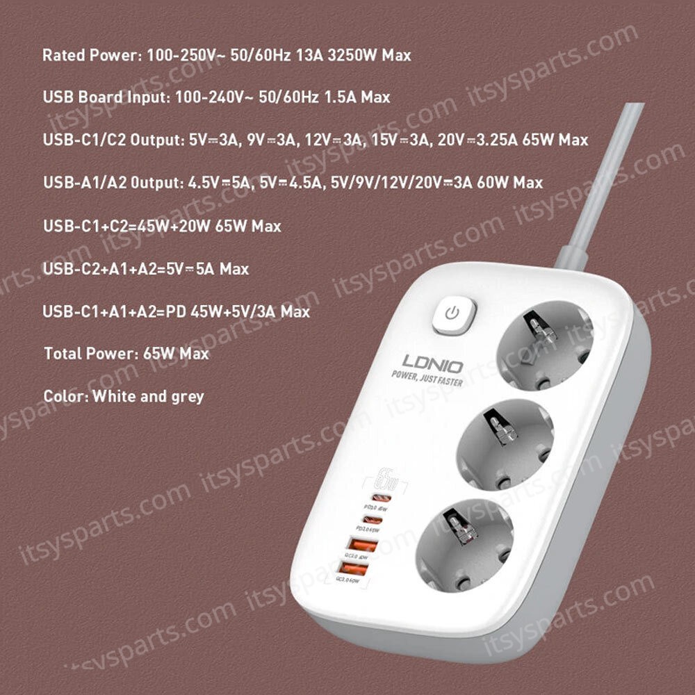 Power Strip with Switch Multi-socket Smart Guard LDNIO SE3436 with 3 EU Outlets 3250W & Dual USB-A & Dual USB-C 65W with 2m power cord ( SKU.1-PER0063 )