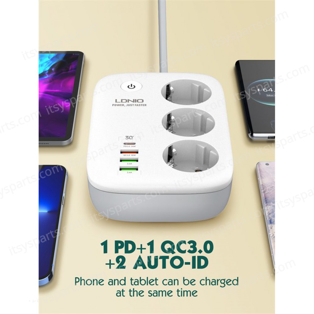 WiFi Smart Power Strip with Switch Multi-socket Smart Guard LDNIO SEW3452 with 3 EU Outlets 2500W & 3 USB-A & USB-C 30W with 2m power cord ( SKU.1-PER0064 )