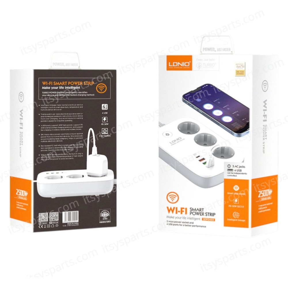 WiFi Smart Power Strip with Switch Multi-socket Smart Guard LDNIO SEW3452 with 3 EU Outlets 2500W & 3 USB-A & USB-C 30W with 2m power cord ( SKU.1-PER0064 )