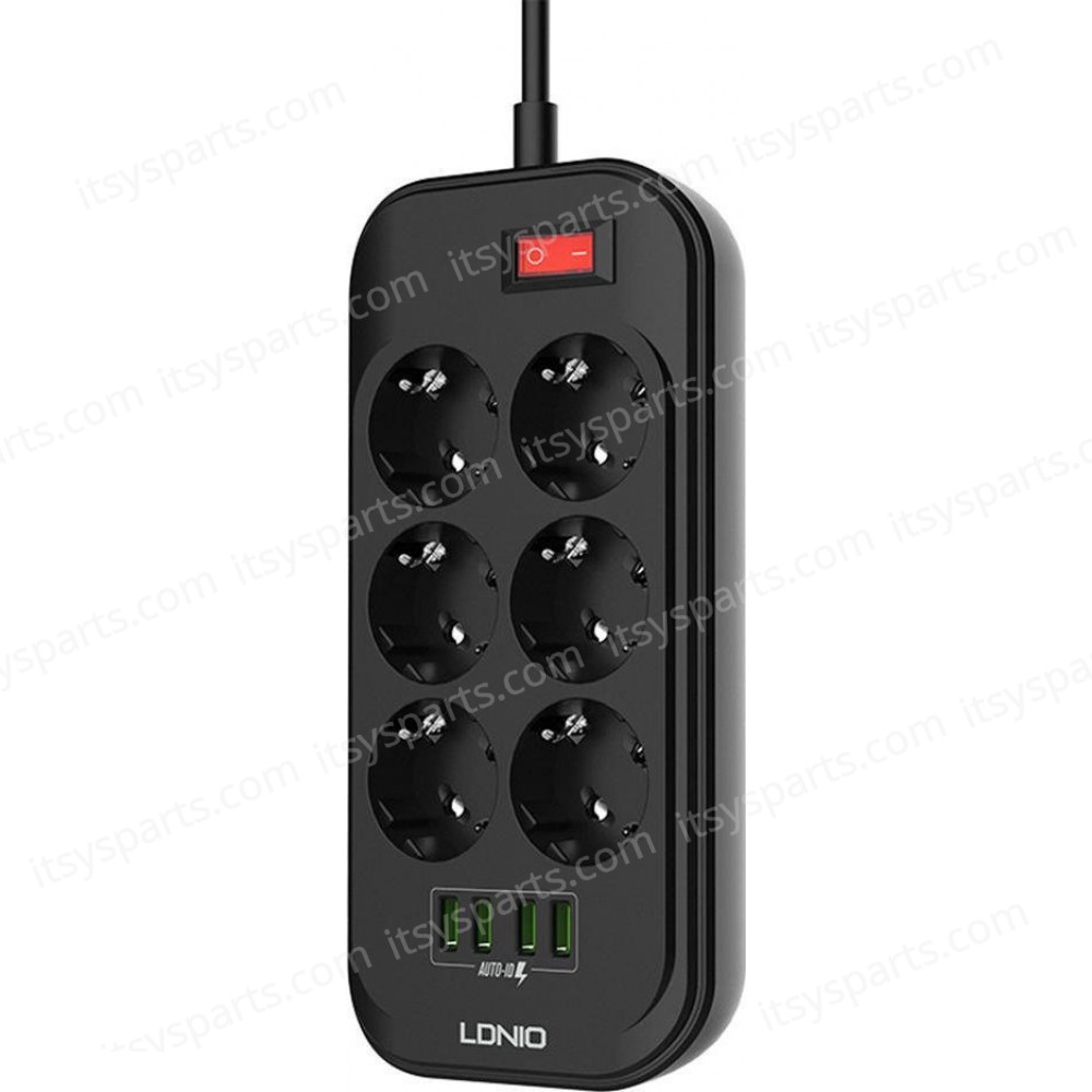Power Strip with Switch Multi-socket Smart Guard LDNIO SE6403 with 6 EU Outlets 2500W & 4 USB-A 17W with 2m power cord Black ( SKU.1-PER0065 )