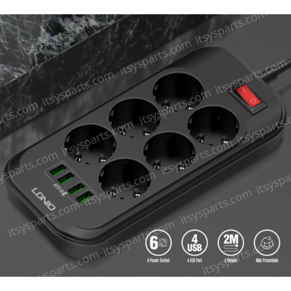 Power Strip with Switch Multi-socket Smart Guard LDNIO SE6403 with 6 EU Outlets 2500W & 4 USB-A 17W with 2m power cord Black ( SKU.1-PER0065 )