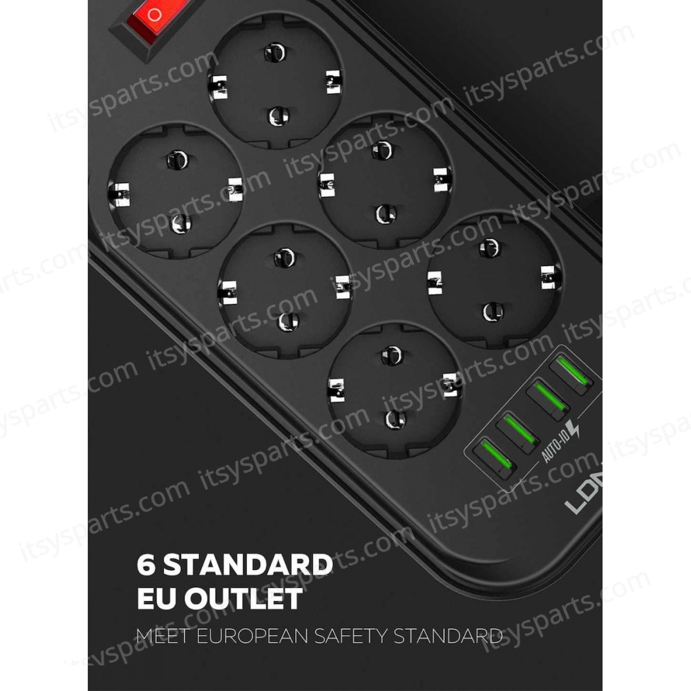 Power Strip with Switch Multi-socket Smart Guard LDNIO SE6403 with 6 EU Outlets 2500W & 4 USB-A 17W with 2m power cord Black ( SKU.1-PER0065 )