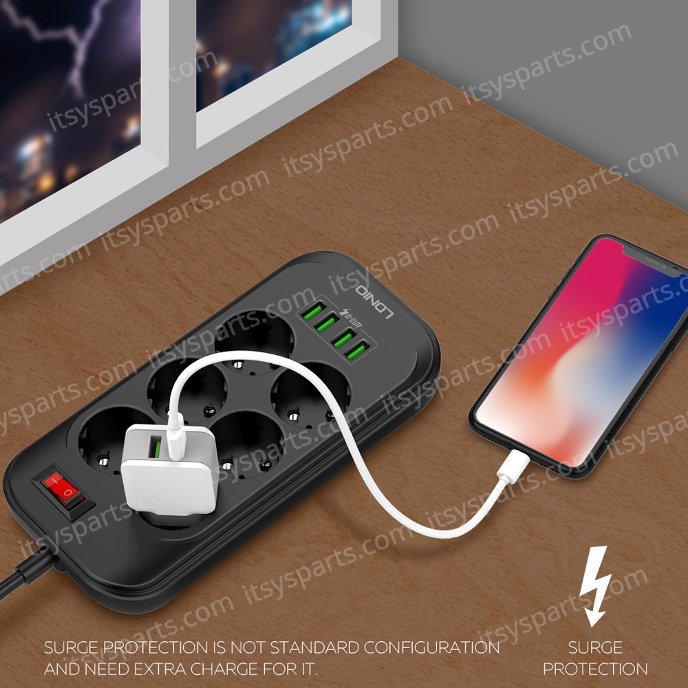 Power Strip with Switch Multi-socket Smart Guard LDNIO SE6403 with 6 EU Outlets 2500W & 4 USB-A 17W with 2m power cord Black ( SKU.1-PER0065 )
