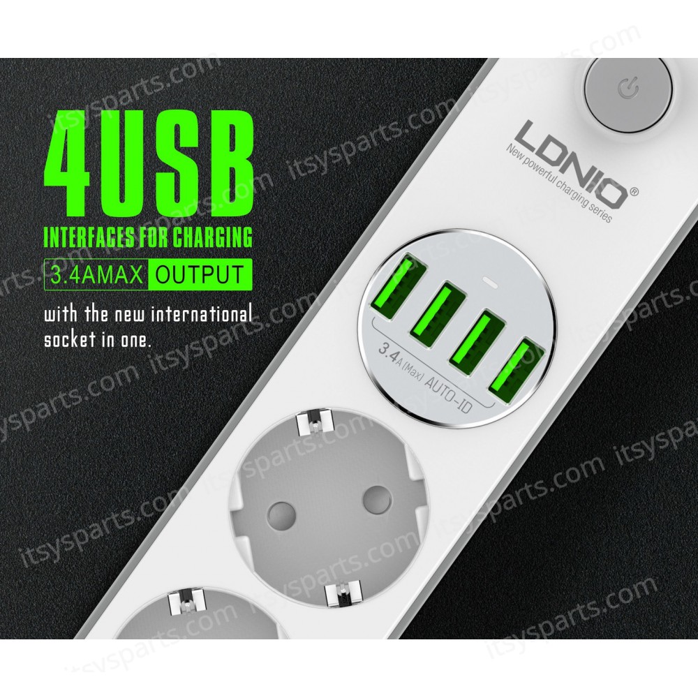 Power Strip with Switch Multi-socket Smart Guard LDNIO SE4432 with 4 EU Outlets 2500W & 4 USB-A 17W with 2m power cord ( SKU.1-PER0066 )