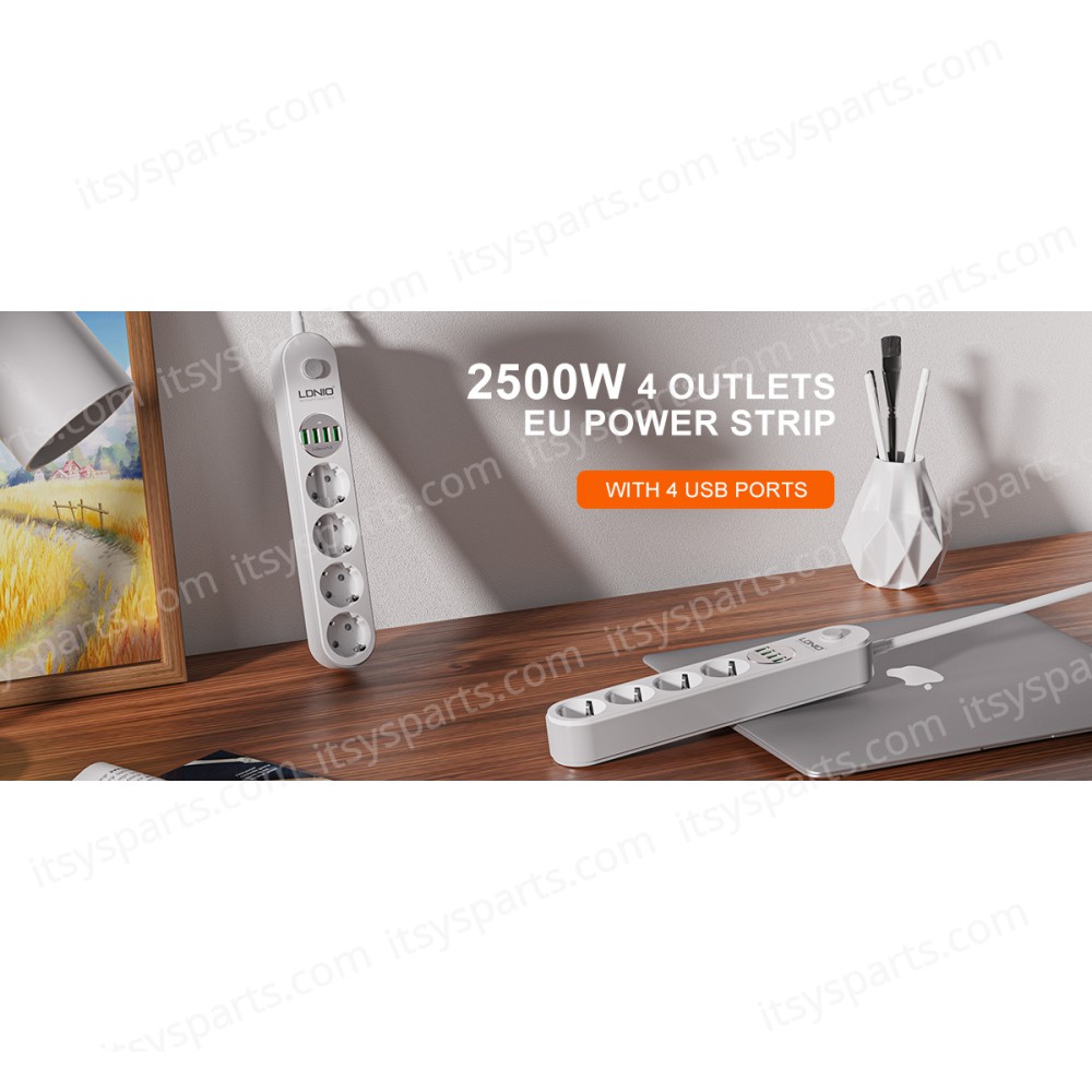 Power Strip with Switch Multi-socket Smart Guard LDNIO SE4432 with 4 EU Outlets 2500W & 4 USB-A 17W with 2m power cord ( SKU.1-PER0066 )