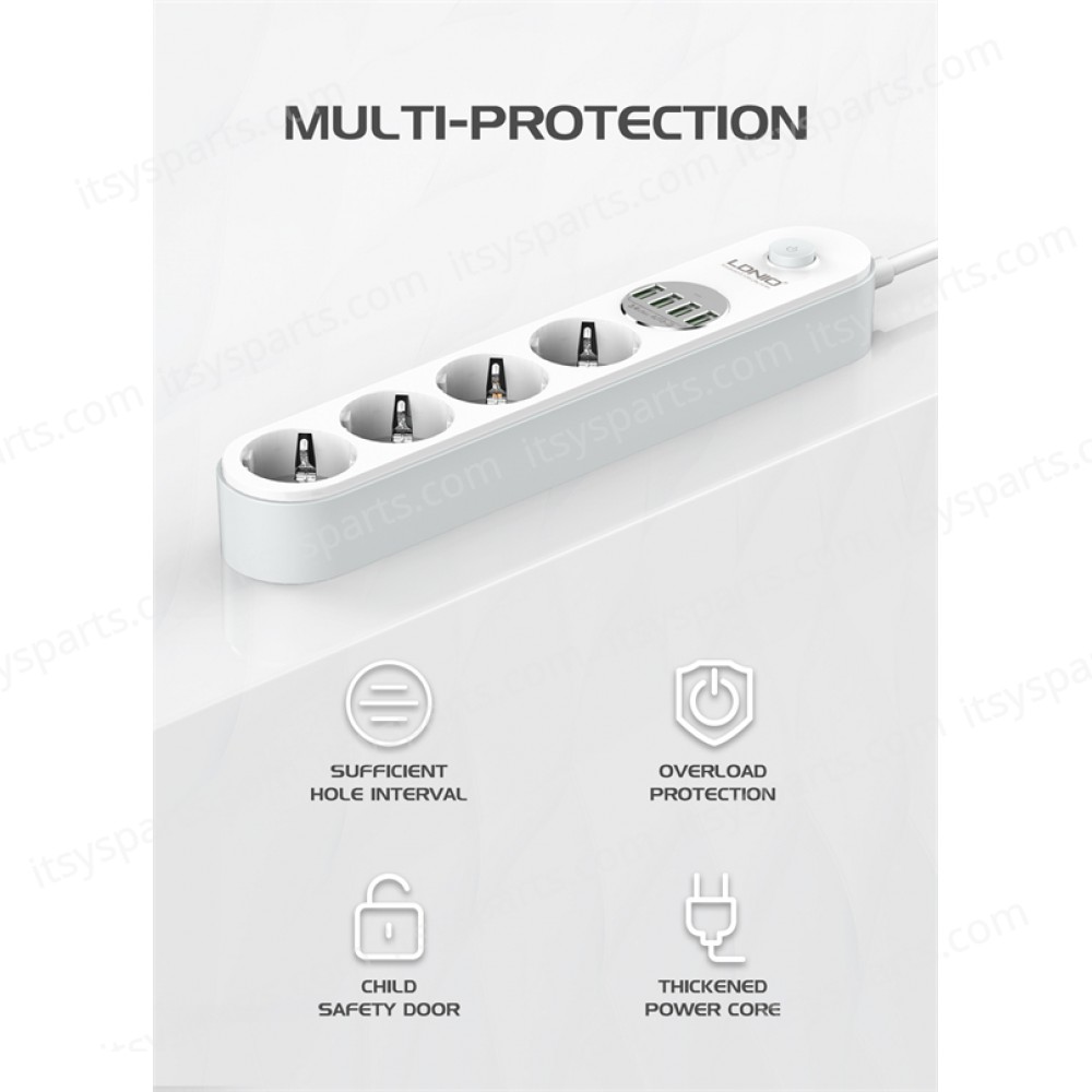 Power Strip with Switch Multi-socket Smart Guard LDNIO SE4432 with 4 EU Outlets 2500W & 4 USB-A 17W with 2m power cord ( SKU.1-PER0066 )