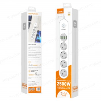 Power Strip with Switch Multi-socket Smart Guard LDNIO SE4432 with 4 EU Outlets 2500W & 4 USB-A 17W with 2m power cord ( SKU.1-PER0066 )